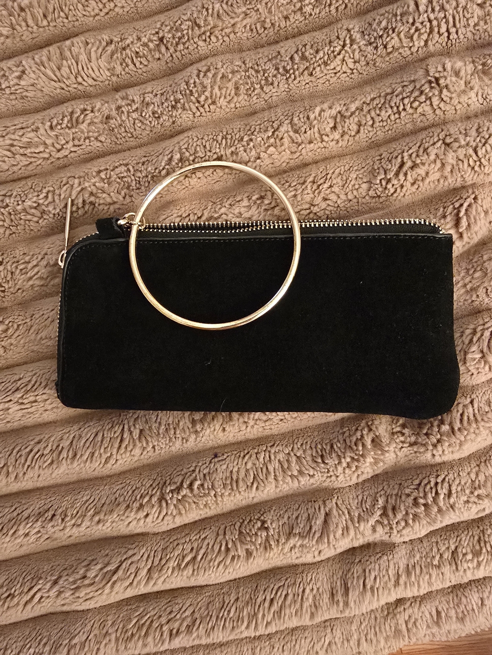 Zara Black Suede Clutch with Gold Ring Handle